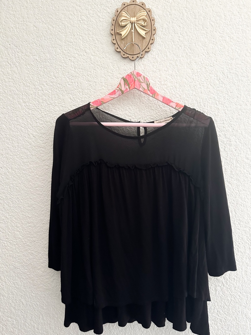 pebble and stone Black Sheer Yoke Ruffle Tunic